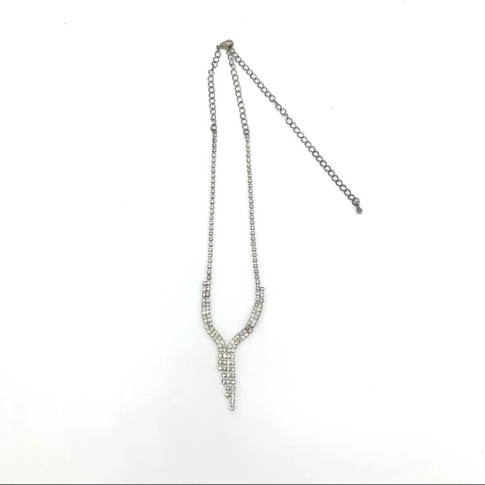 Vintage Necklace Rhinestone Silver Tone Y Drop